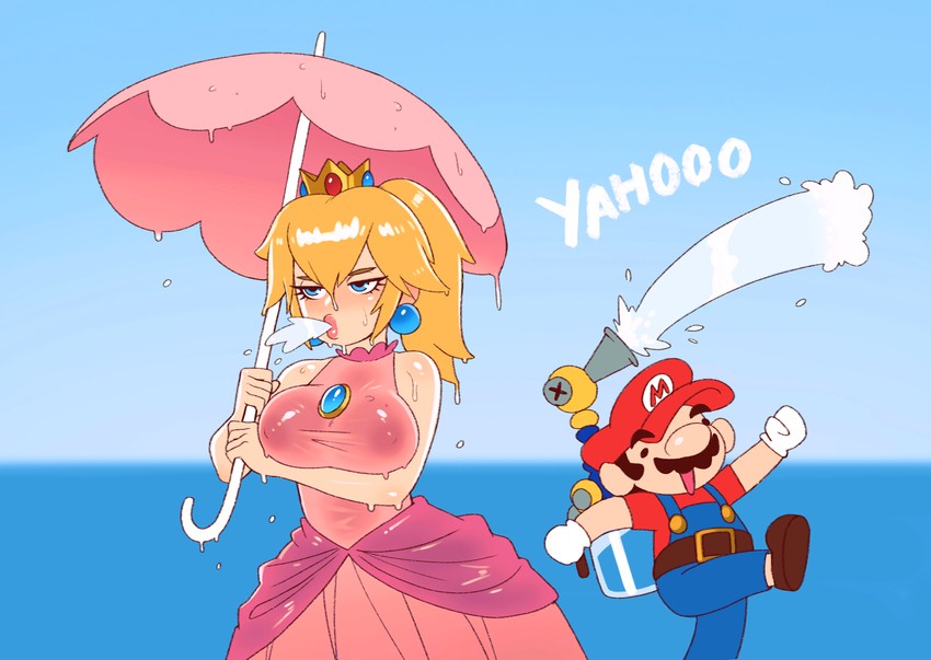 princess peach, mario, and f.l.u.d.d. (mario and 1 more) drawn by riz