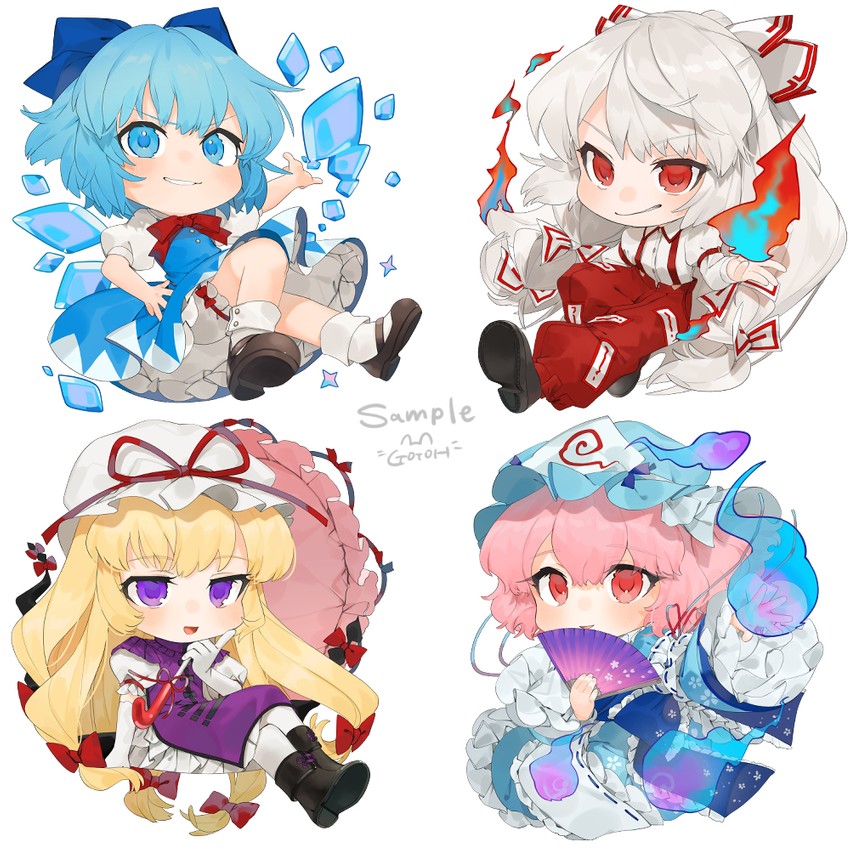 cirno, yakumo yukari, fujiwara no mokou, and saigyouji yuyuko (touhou) drawn by gotoh_(nekocat)