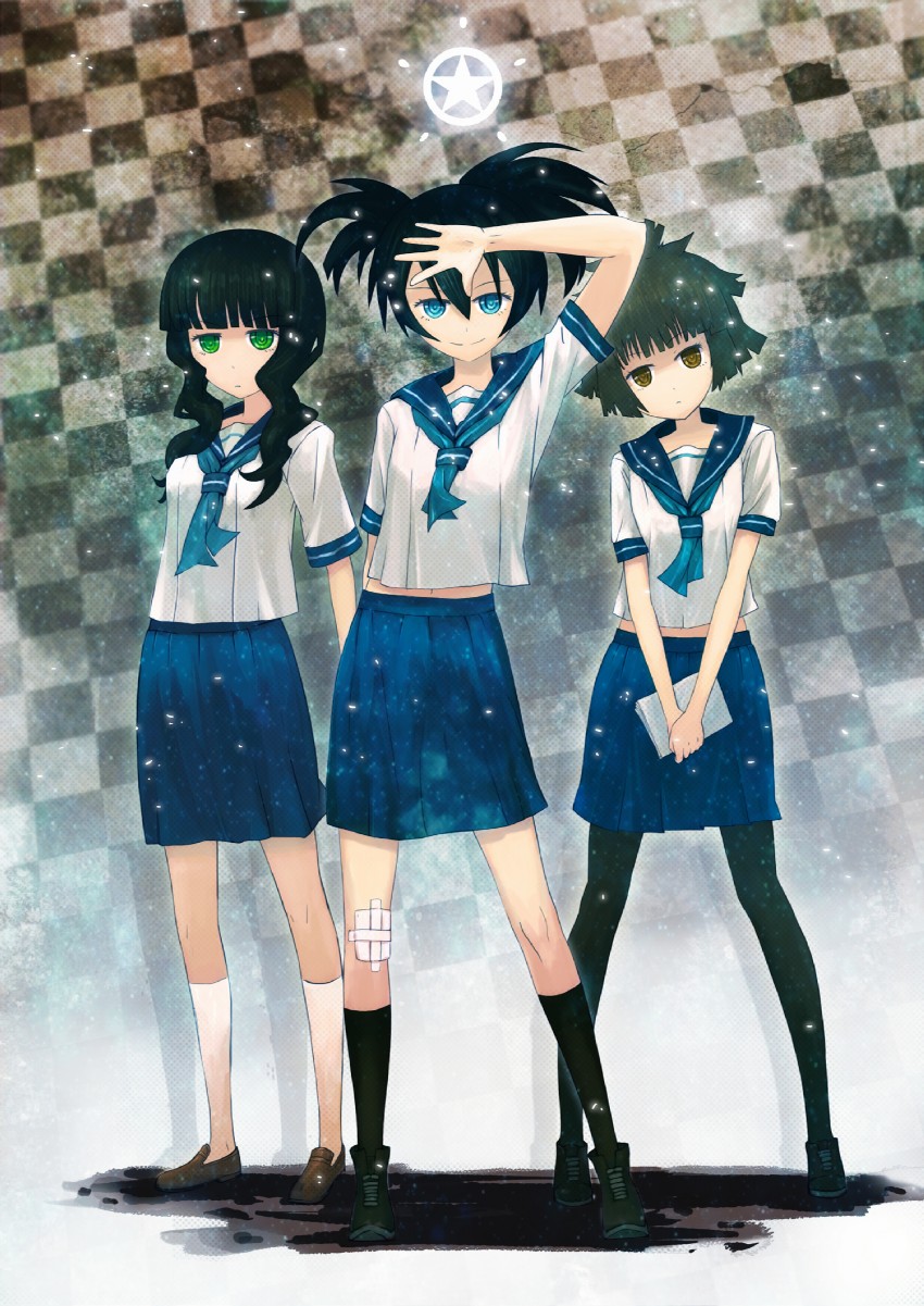 kuroi mato, takanashi yomi, and koutari yuu (black rock shooter) drawn by pinfan