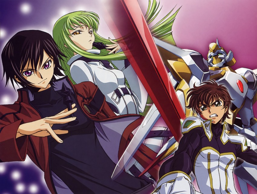 c.c., lelouch vi britannia, and kururugi suzaku (code geass) drawn by kimura_takahiro and nakada_eiji