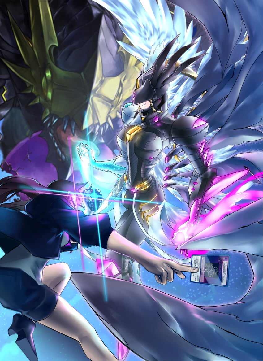 mastemon, ai, and lucemon satan mode (digimon and 1 more) drawn by jiyuuya