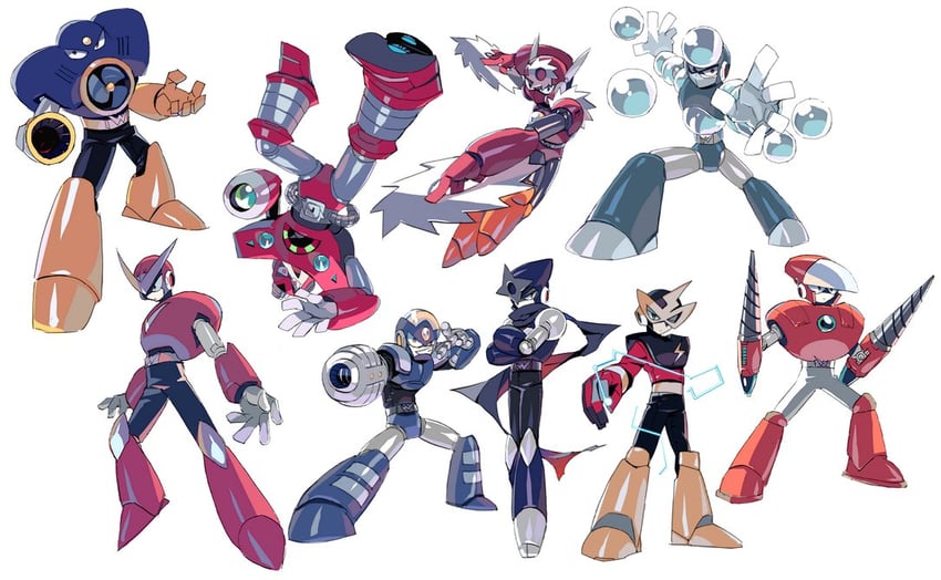 quick man, metal man, air man, flash man, crash man, and 4 more (mega man and 4 more) drawn by ekawa_kanako