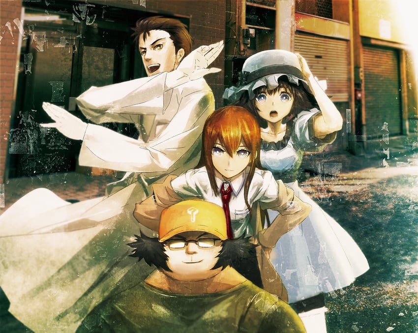 makise kurisu, okabe rintarou, shiina mayuri, and hashida itaru (steins;gate and 1 more) drawn by huke