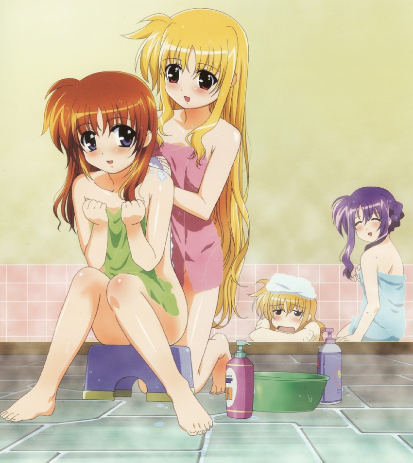 fate testarossa, takamachi nanoha, arisa bunnings, and tsukimura suzuka (lyrical nanoha and 2 more) drawn by okuda_yasuhiro
