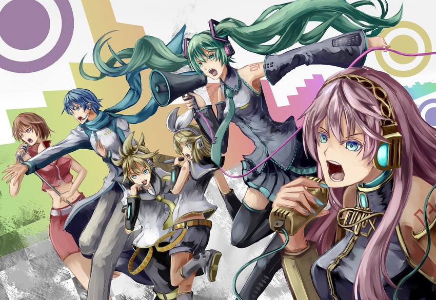 hatsune miku, kagamine rin, kagamine len, megurine luka, kaito, and 1 more (vocaloid) drawn by uutan_(shibainu_kakumei)