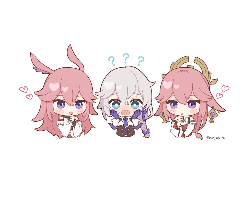 yae miko, yae sakura, kallen kaslana, and sakura ayane (genshin impact and 3 more) drawn by hn_(honyori_ta)
