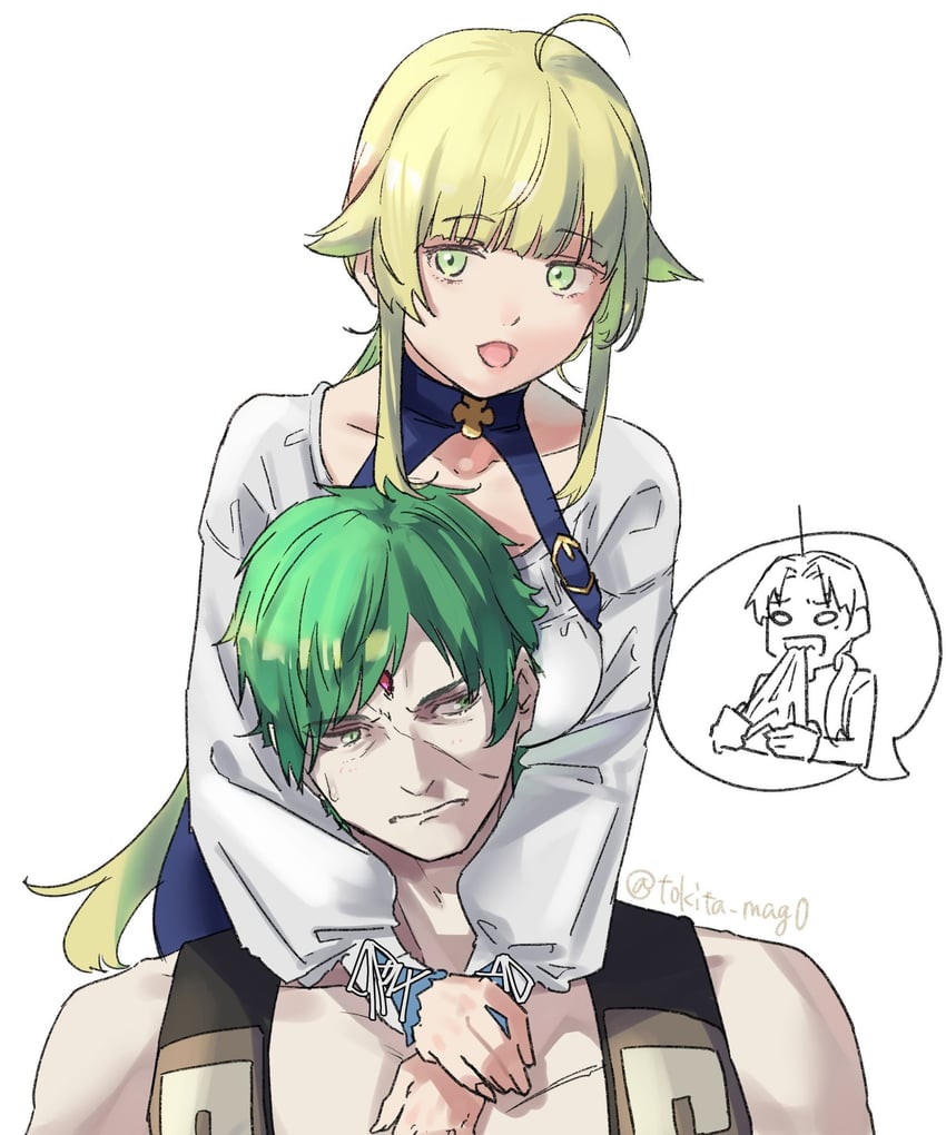 rudeus greyrat, norn greyrat, and ruijerd superdia (mushoku tensei) drawn by tokita_(mag0)