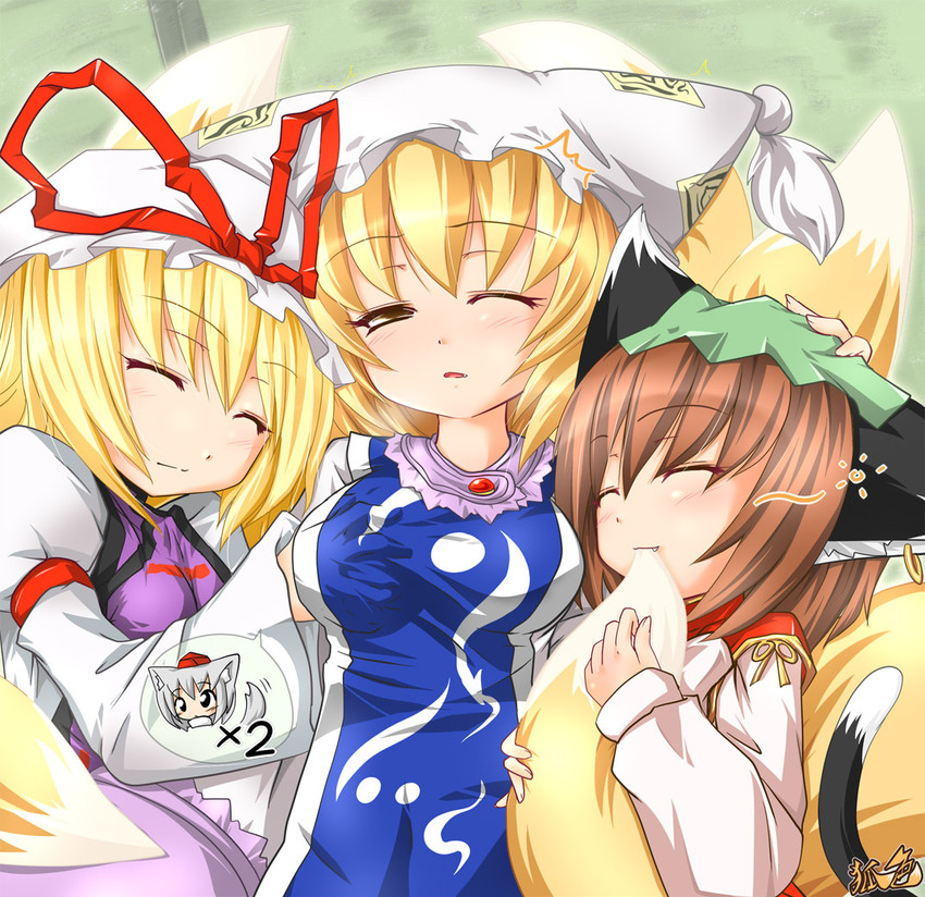 yakumo yukari, inubashiri momiji, yakumo ran, and chen (touhou) drawn by kazami_karasu