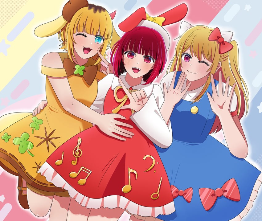 arima kana, hoshino ruby, hello kitty, my melody, pompompurin, and 1 more (oshi no ko and 3 more) drawn by hooddang