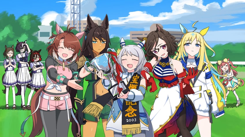 agnes digital, fine motion, dantsu flame, hishi miracle, neo universe, and 4 more (umamusume) drawn by nowoka