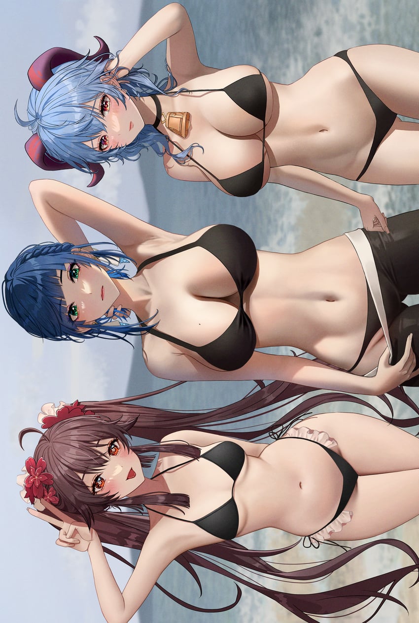 ganyu, hu tao, and yelan (genshin impact) drawn by renberry77