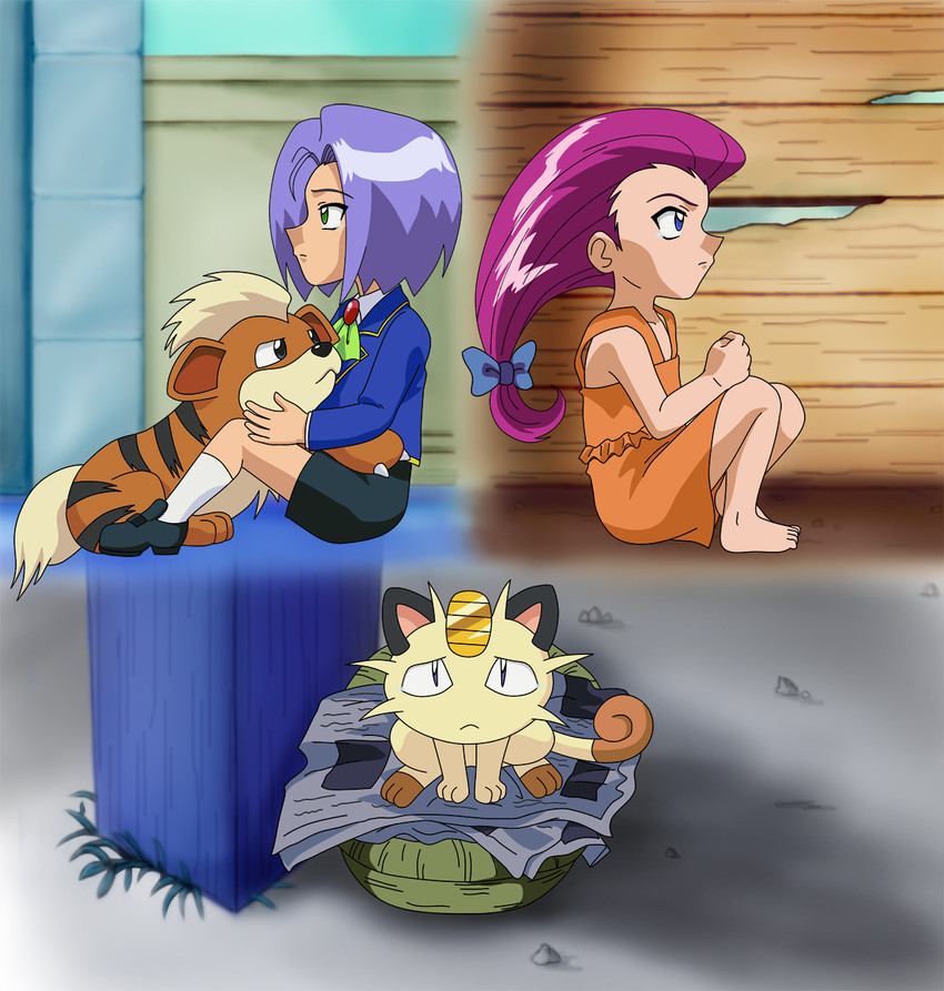 jessie, james, meowth, and growlithe (pokemon) drawn by shaami