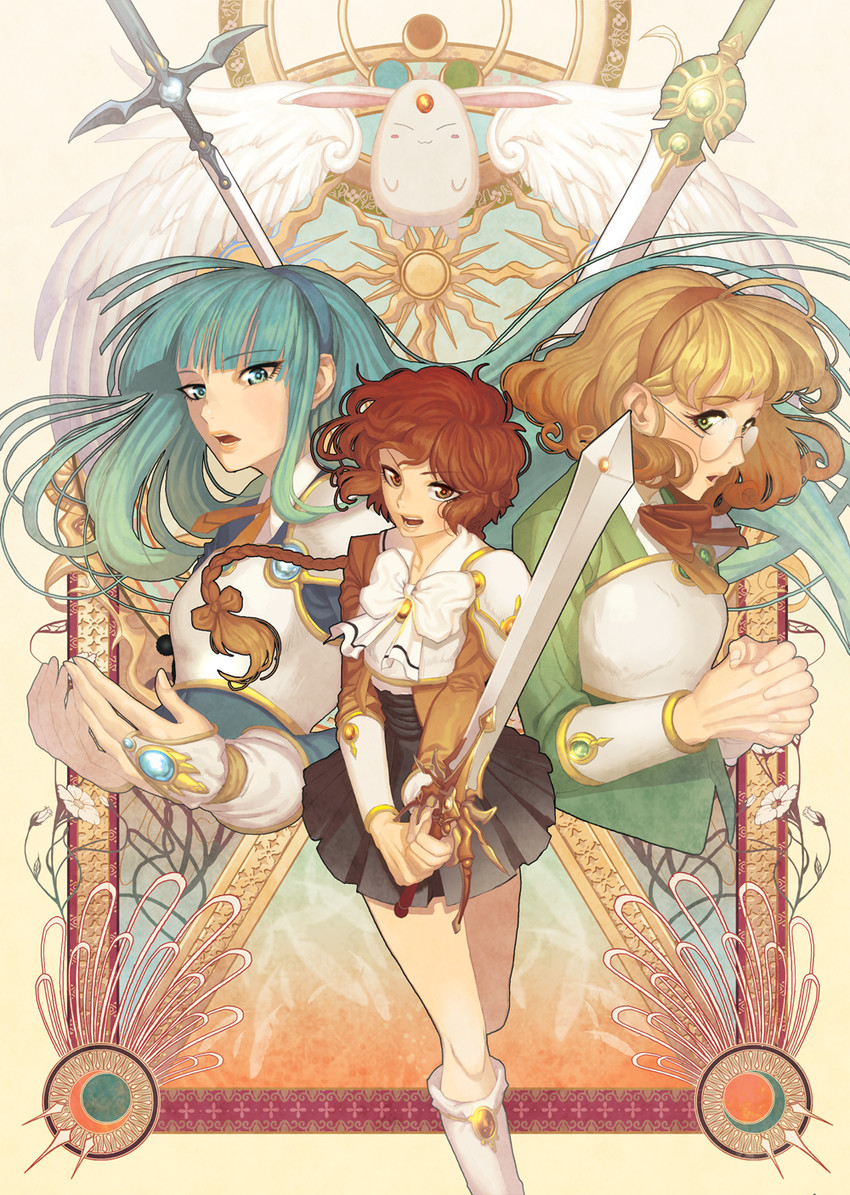 shidou hikaru, ryuuzaki umi, hououji fuu, and mokona (magic knight rayearth) drawn by mas!ni