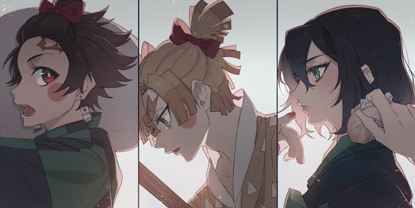 kamado tanjirou, agatsuma zenitsu, and hashibira inosuke (kimetsu no yaiba) drawn by pig_ggul