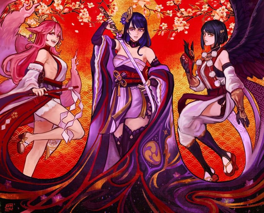 raiden shogun, yae miko, and kujou sara (genshin impact) drawn by sethkiel