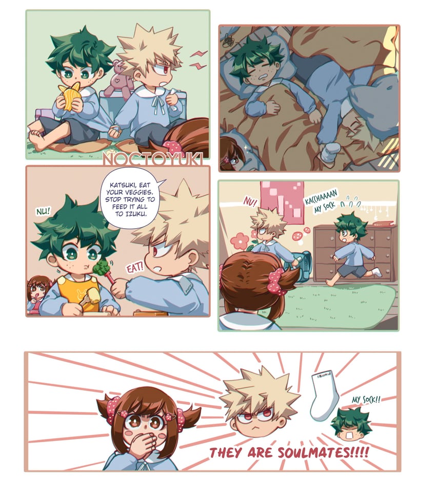 midoriya izuku, uraraka ochaco, and bakugou katsuki (boku no hero academia) drawn by yuki_(noctoyuki)