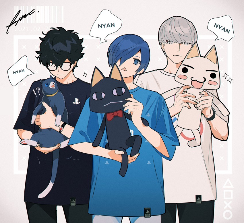 narukami yu, yuuki makoto, amamiya ren, morgana, inoue toro, and 1 more (persona and 4 more) drawn by btmr_game