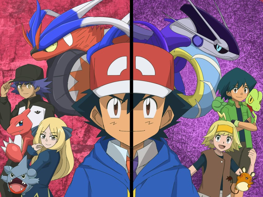 cynthia, leon, dedenne, treecko, koraidon, and 5 more (pokemon and 5 more) drawn by rila_anipoke