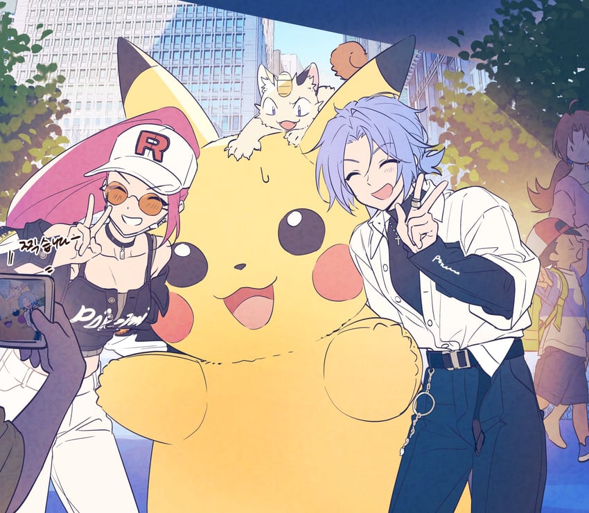 pikachu, ash ketchum, jessie, james, meowth, and 1 more (pokemon) drawn by pkgllllllv