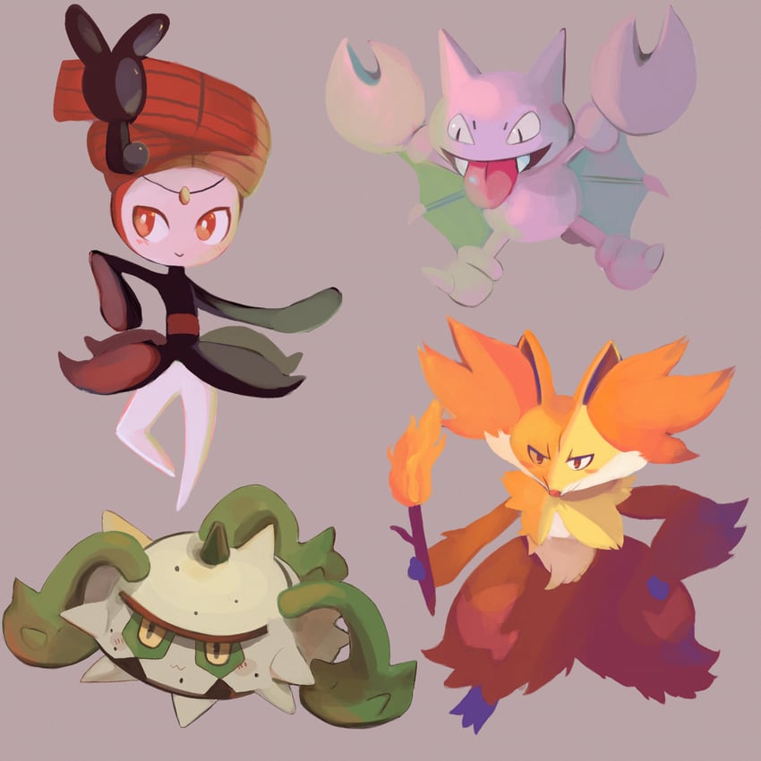 delphox, meloetta, gligar, and ferrothorn (pokemon) drawn by bulbacactus