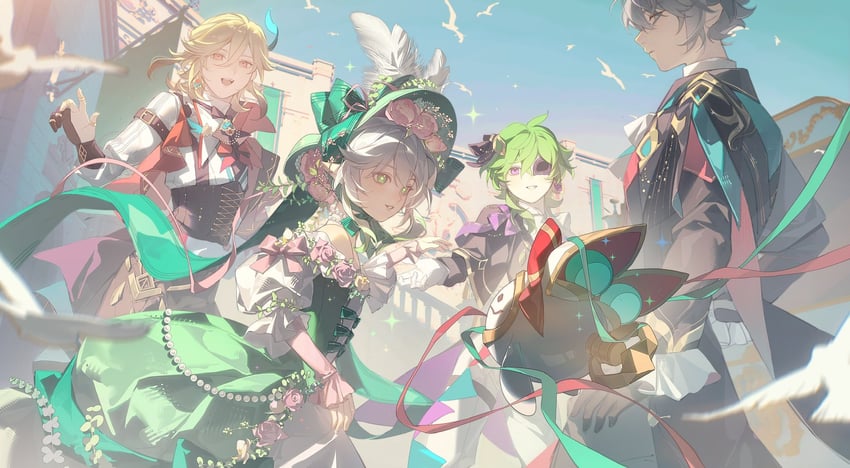 nahida, alhaitham, kaveh, aranara, and collei (genshin impact) drawn by doupu41