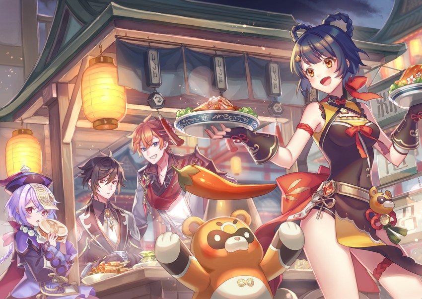 zhongli, tartaglia, qiqi, xiangling, and guoba (genshin impact) drawn by suzaku_(zaku6584)