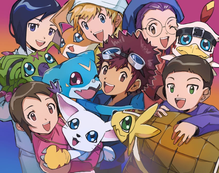 yagami hikari, tailmon, takaishi takeru, patamon, v-mon, and 7 more (digimon and 1 more) drawn by yue_da02ren
