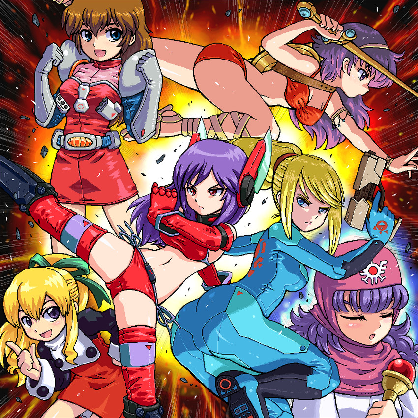 samus aran, roll, princess of moonbrook, princess athena, kanda momo, and 1 more (dragon quest and 6 more) drawn by johnnie