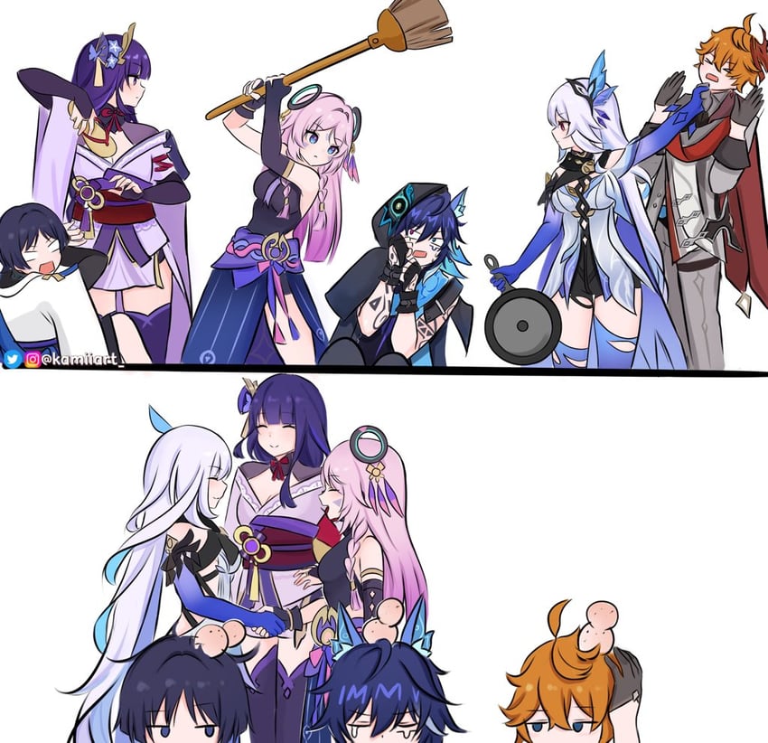 raiden shogun, scaramouche, wanderer, tartaglia, citlali, and 2 more (genshin impact) drawn by kamiiart