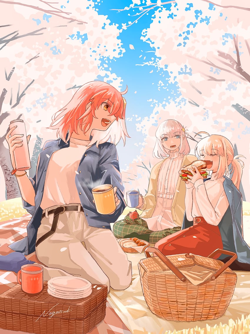 artoria pendragon, fujimaru ritsuka, artoria caster, and oberon (fate and 1 more) drawn by nagatsuki_(huwamo9_8ku)