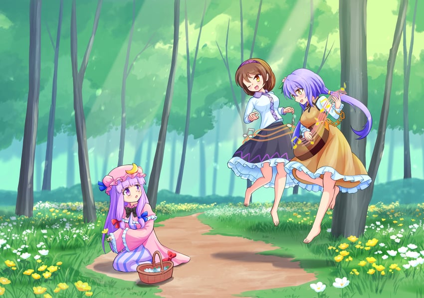 patchouli knowledge, tsukumo benben, and tsukumo yatsuhashi (touhou) drawn by yoruniwa