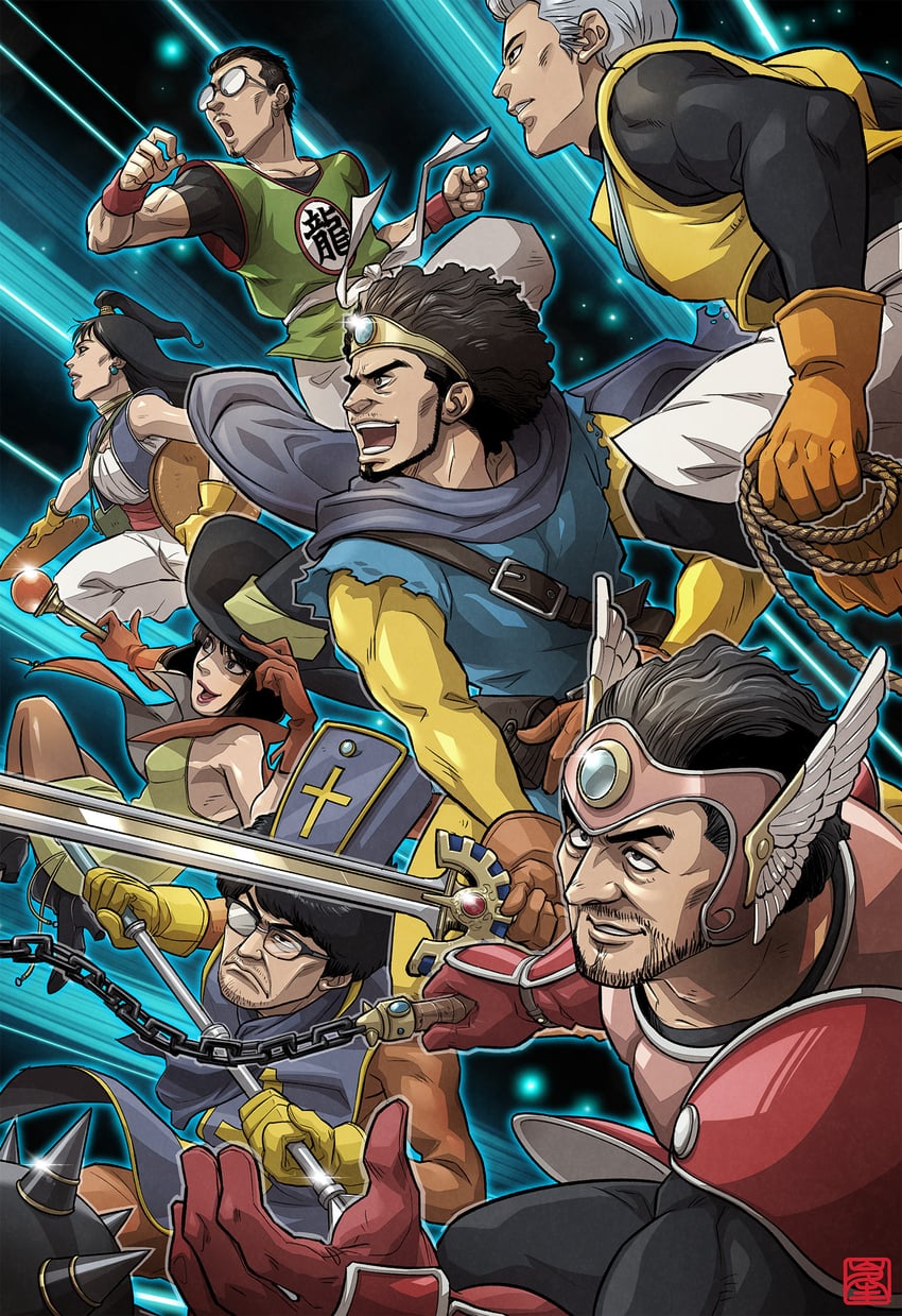 warrior, priest, roto, martial artist, mage, and 9 more (dragon quest and 3 more) drawn by zack-awesome