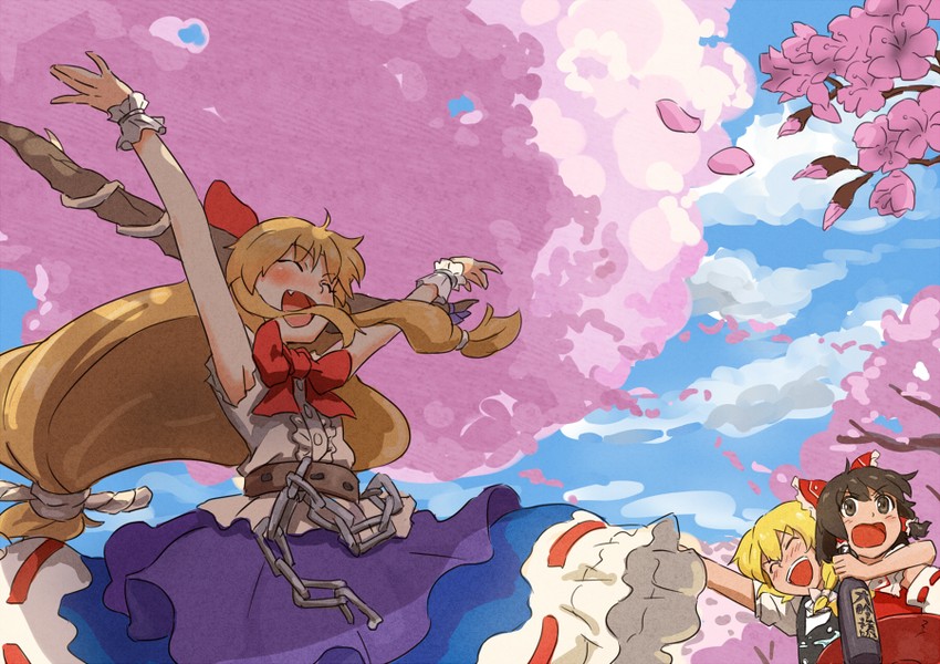 hakurei reimu, kirisame marisa, and ibuki suika (touhou) drawn by shibasaki_shouji
