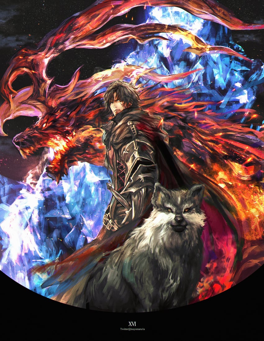clive rosfield, torgal, and ifrit (final fantasy and 1 more) drawn by tsuyomaru