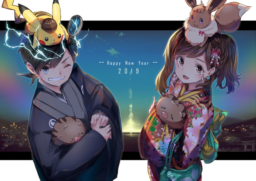 pikachu, eevee, elaine, swinub, detective pikachu, and 1 more (pokemon and 2 more) drawn by e-co
