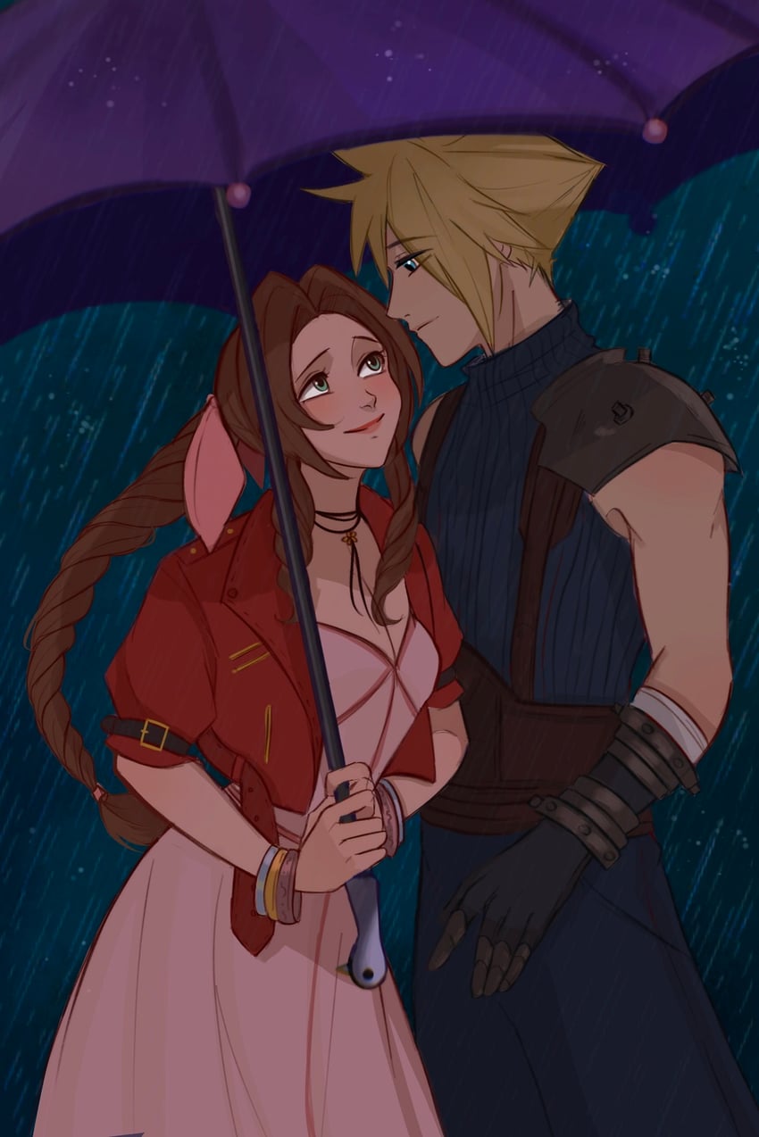 cloud strife and aerith gainsborough (final fantasy and 2 more) drawn by vanekairi