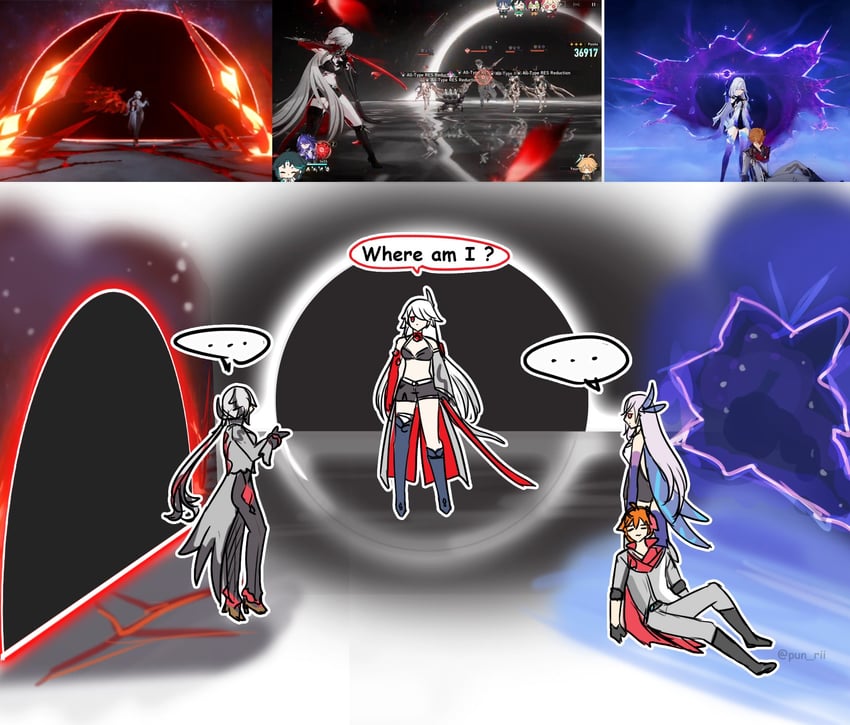tartaglia, acheron, arlecchino, and skirk (genshin impact and 3 more) drawn by pun-rii