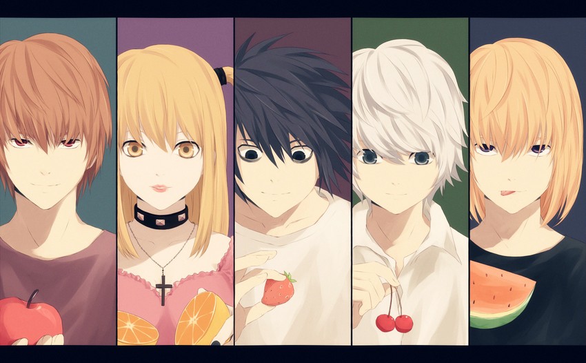 yagami light, l, amane misa, near, and mello (death note) drawn by saik