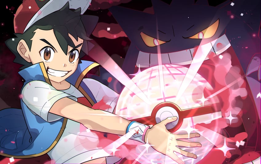 ash ketchum, gengar, and gigantamax gengar (pokemon and 1 more) drawn by ou_negi