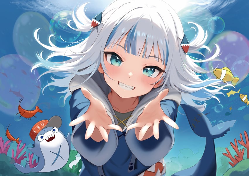 gawr gura, bloop, and ebi-chan (hololive and 1 more) drawn by akamiya_mumu