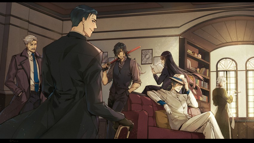edmond dantes, okada izou, james moriarty, oryou, sakamoto ryouma, and 1 more (fate and 1 more) drawn by hermithessa