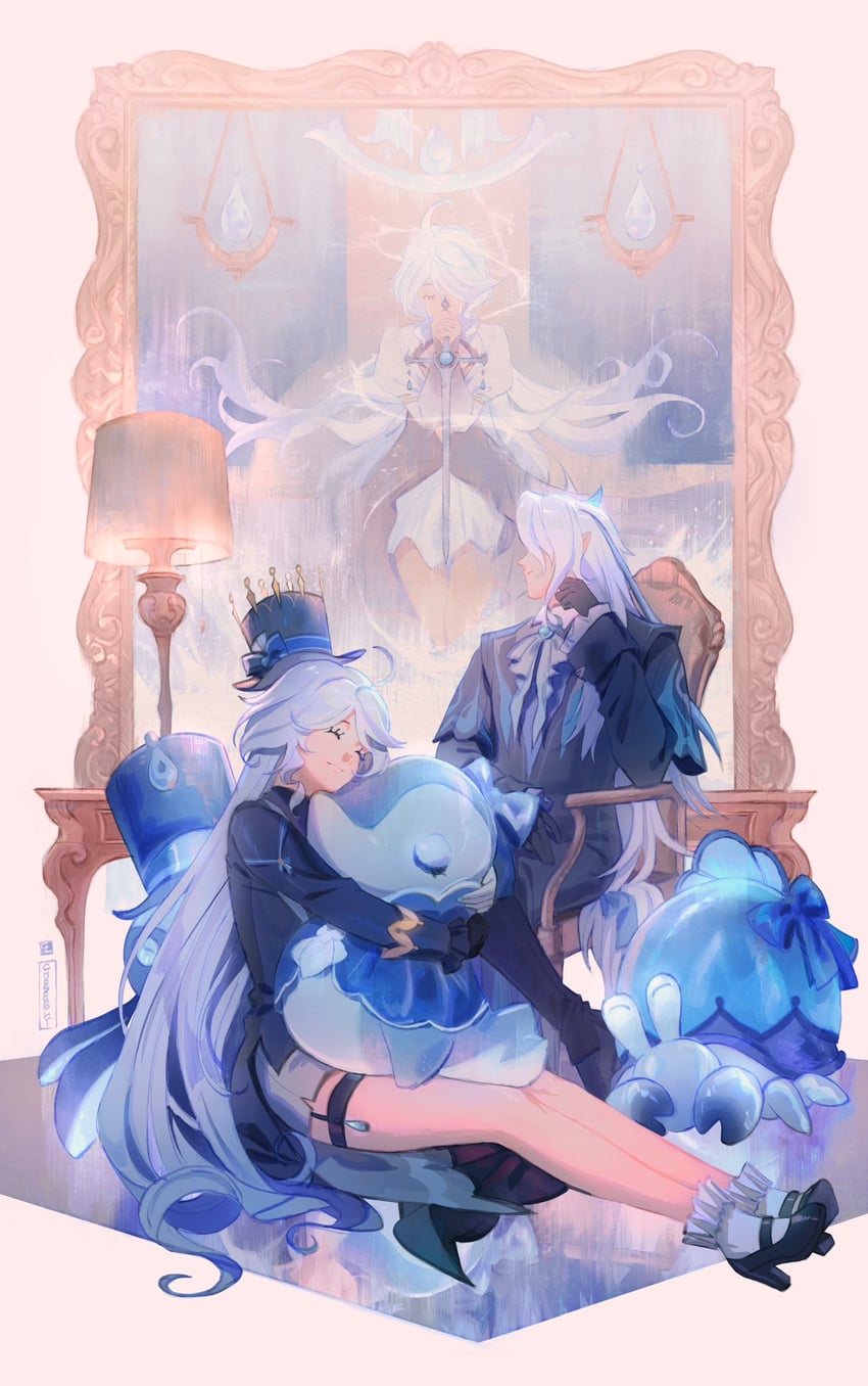 furina, neuvillette, focalors, surintendante chevalmarin, gentilhomme usher, and 1 more (genshin impact) drawn by cheseely