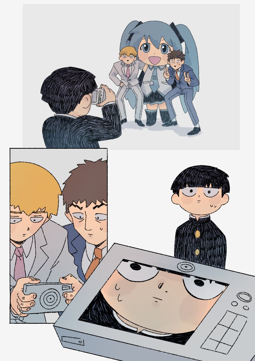 hatsune miku, kageyama shigeo, reigen arataka, mikudayo, and serizawa katsuya (vocaloid and 1 more) drawn by cutystuffy