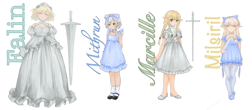 marcille donato, falin touden, mithrun, and milsiril (dungeon meshi) drawn by yonina