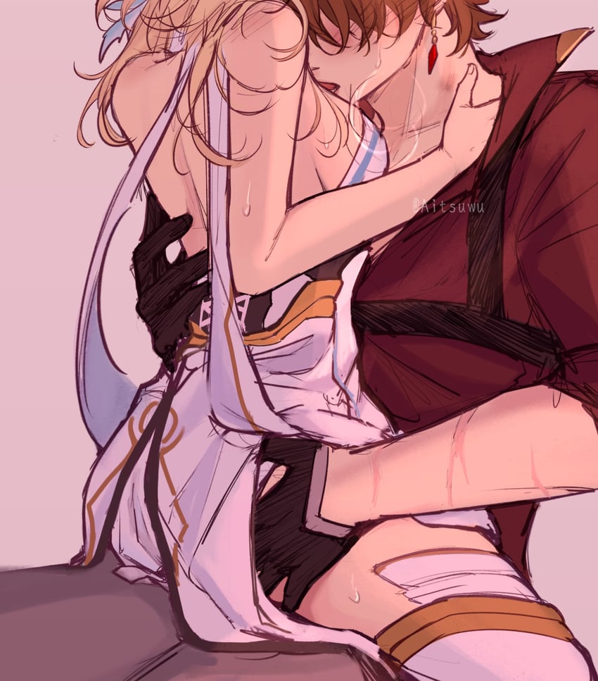lumine and tartaglia (genshin impact) drawn by aitsuwu