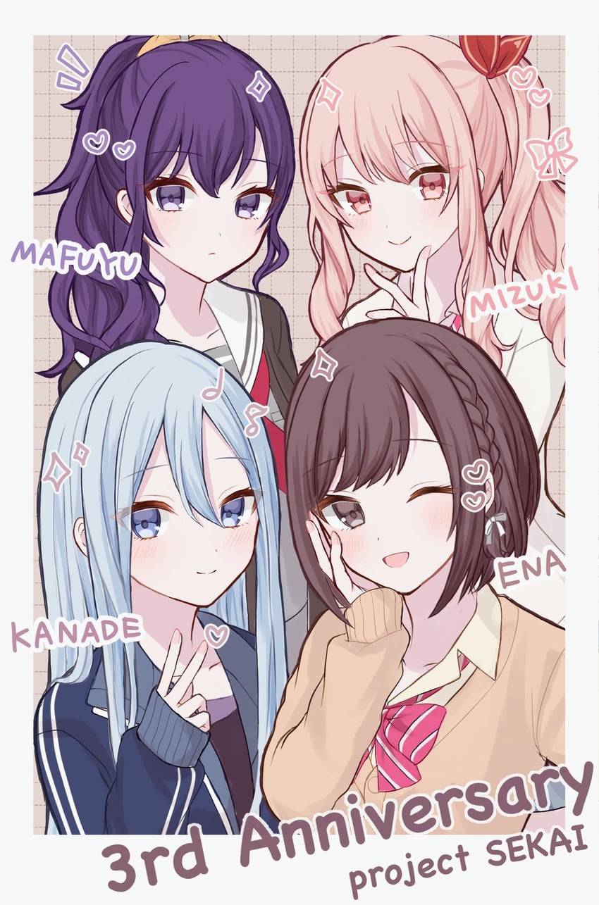 asahina mafuyu, shinonome ena, akiyama mizuki, and yoisaki kanade (project sekai) drawn by ameshi0227