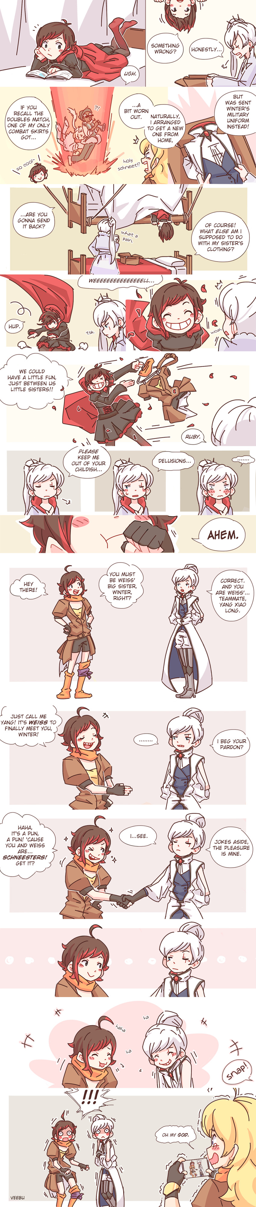ruby rose, weiss schnee, yang xiao long, winter schnee, and flynt coal (rwby) drawn by friedbun