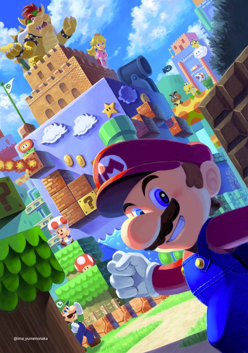 princess peach, mario, luigi, bowser, toad, and 7 more (mario and 2 more) drawn by yuuma_rimi