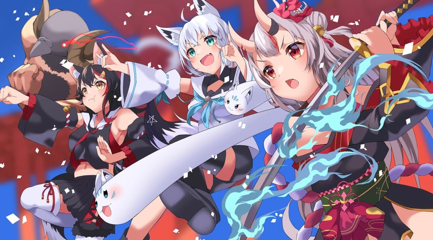 shirakami fubuki, ookami mio, nakiri ayame, sukonbu, and hatotaurus (hololive) drawn by setsuna_(l9in1cszw3f6qsq)