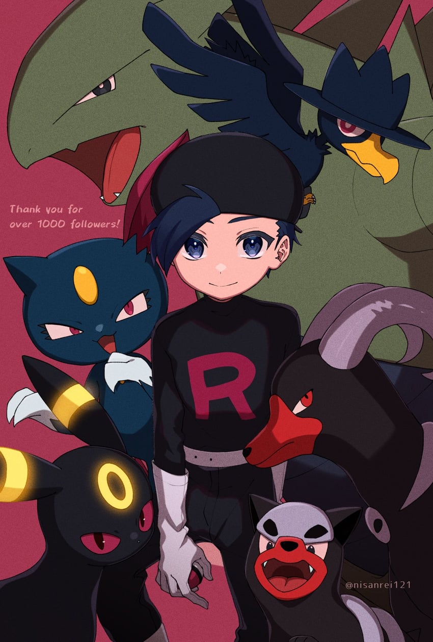ethan, umbreon, sneasel, houndoom, tyranitar, and 2 more (pokemon and 1 more) drawn by nisanrei121
